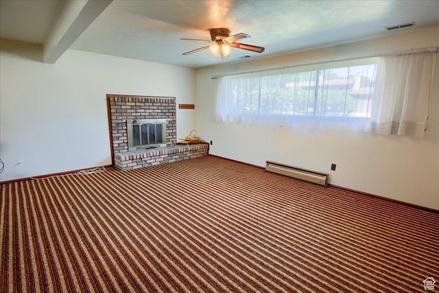 1063 W 1100 N, Provo, UT 84604 - unfurnished living room featuring a baseboard radiator, carpet floors, a ceiling fan, and a fireplace