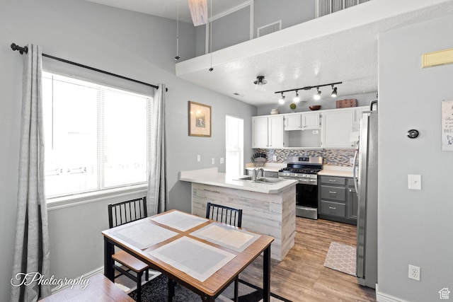 1161 S 860 W, Cedar City, UT 84720 - kitchen with stainless steel appliances, light wood-style floors, decorative backsplash, a peninsula, and light countertops
