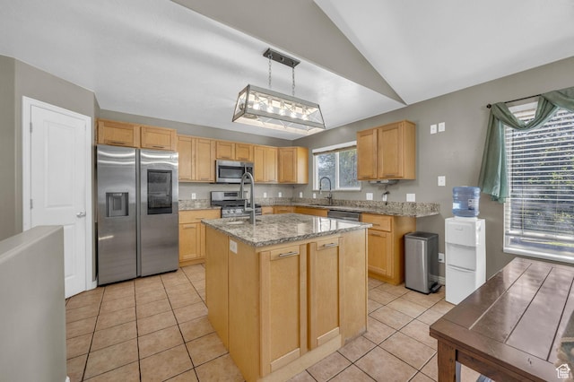 2352 N 1160 W, Clinton, UT 84015 - kitchen with stainless steel appliances, lofted ceiling, light tile patterned floors, a center island with sink, and light stone counters