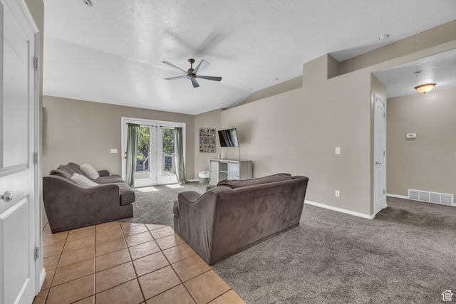 2352 N 1160 W, Clinton, UT 84015 - tiled living area with carpet floors, a ceiling fan, lofted ceiling, and french doors