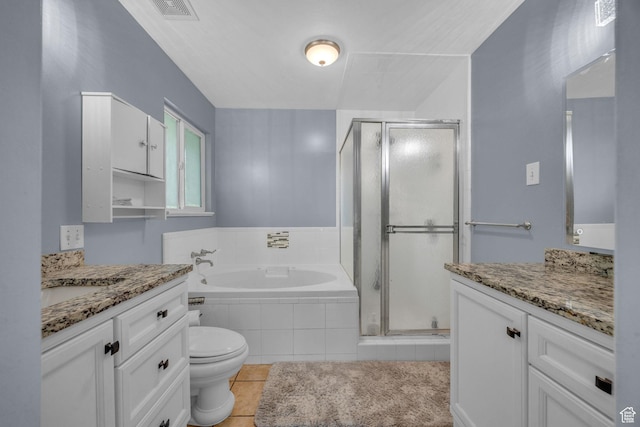 2352 N 1160 W, Clinton, UT 84015 - full bathroom featuring vanity, a stall shower, a garden tub, and tile patterned flooring