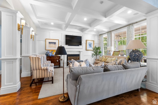 1254 W 475 S, Farmington, UT 84025 - living area with a decorative wall, beam ceiling, ornate columns, dark wood-style floors, and coffered ceiling