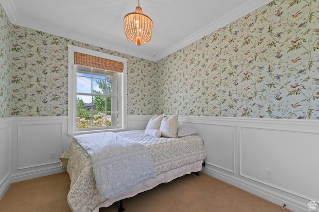 1254 W 475 S, Farmington, UT 84025 - carpeted bedroom with crown molding, a chandelier, wallpapered walls, wainscoting, and a decorative wall