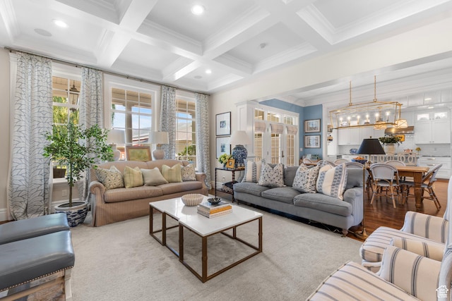 1254 W 475 S, Farmington, UT 84025 - living room with crown molding, coffered ceiling, beam ceiling, plenty of natural light, and recessed lighting
