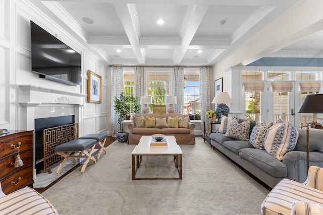1254 W 475 S, Farmington, UT 84025 - carpeted living room featuring crown molding, a decorative wall, beam ceiling, coffered ceiling, and a fireplace