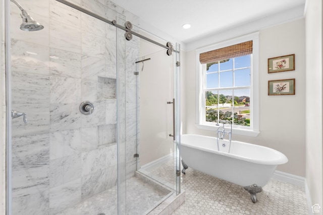 1254 W 475 S, Farmington, UT 84025 - bathroom with a shower stall, a soaking tub, tile patterned flooring, and recessed lighting