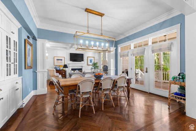 1254 W 475 S, Farmington, UT 84025 - dining area with french doors, ornamental molding, a chandelier, and a fireplace