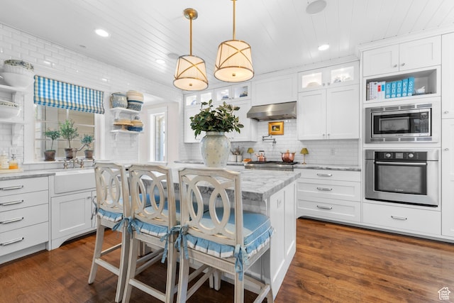 1254 W 475 S, Farmington, UT 84025 - kitchen with appliances with stainless steel finishes, extractor fan, open shelves, wooden ceiling, and dark wood-type flooring