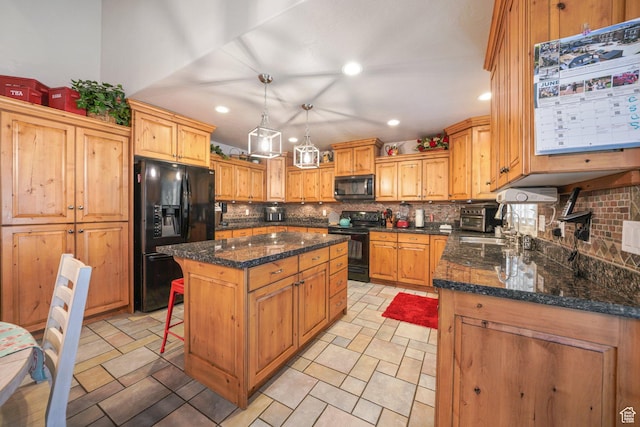 3116 W Hayden Ridge Way, Riverton, UT 84065 - kitchen with black appliances, backsplash, a kitchen island, recessed lighting, and dark stone counters