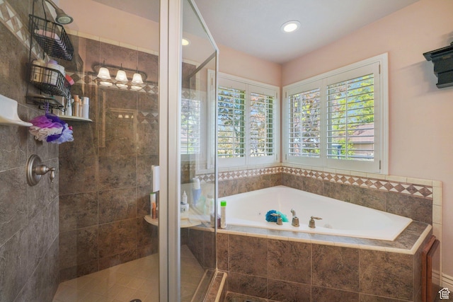 3116 W Hayden Ridge Way, Riverton, UT 84065 - bathroom featuring a stall shower, a garden tub, recessed lighting, and tile patterned flooring