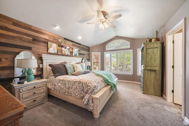 3116 W Hayden Ridge Way, Riverton, UT 84065 - bedroom with carpet flooring, vaulted ceiling, a ceiling fan, and wood walls