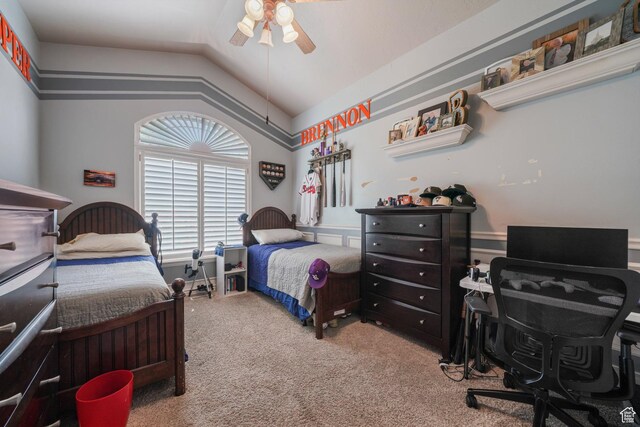3116 W Hayden Ridge Way, Riverton, UT 84065 - bedroom with carpet, vaulted ceiling, an office area, and a ceiling fan