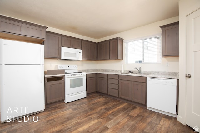 43 E 670 N, Vineyard, UT 84059 - kitchen with white appliances, light countertops, dark wood-type flooring, and dark brown cabinetry