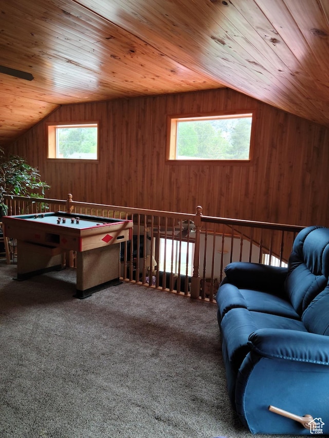 97 Main St, Ophir, UT 84071 - living area with vaulted ceiling, wood ceiling, healthy amount of natural light, wood walls, and carpet