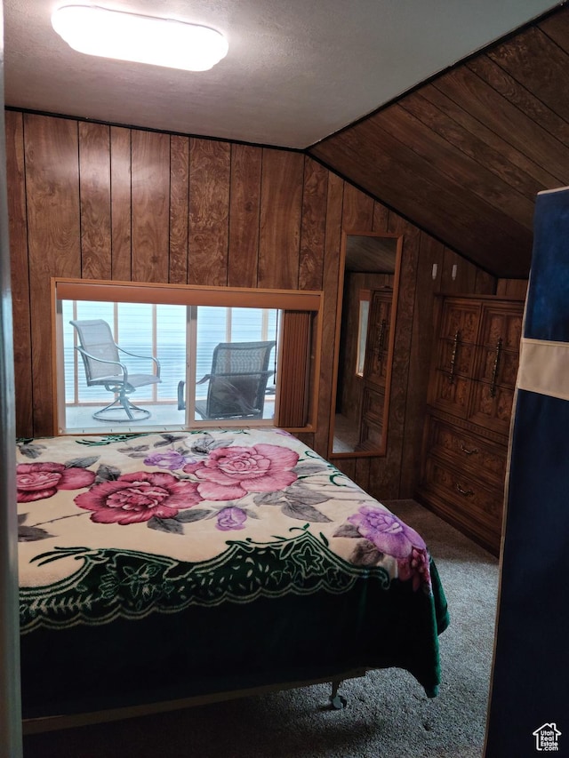 97 Main St, Ophir, UT 84071 - bedroom featuring wood walls, lofted ceiling, and carpet floors
