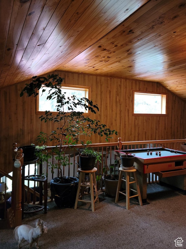 97 Main St, Ophir, UT 84071 - game room featuring lofted ceiling, wood walls, wood ceiling, and billiards
