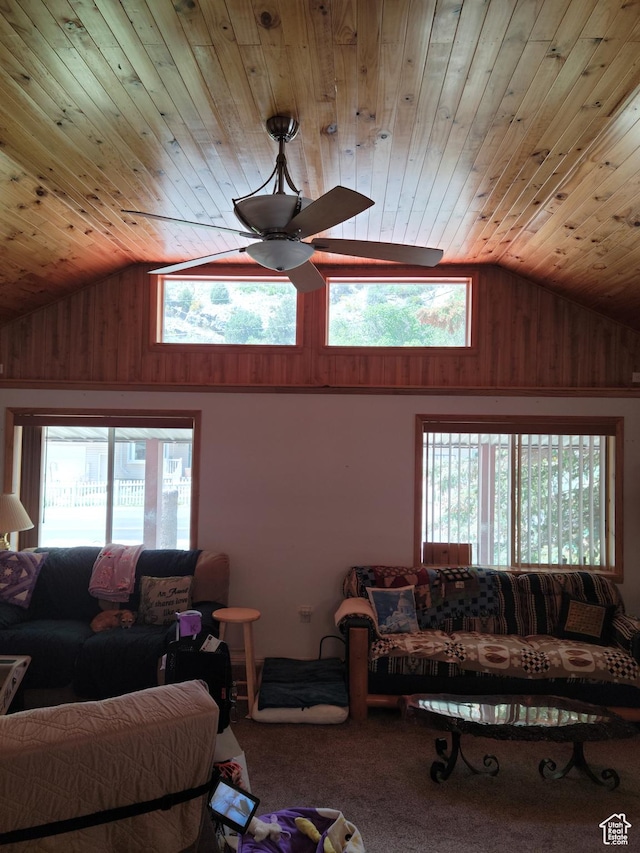 97 Main St, Ophir, UT 84071 - living area with wooden ceiling, lofted ceiling, ceiling fan, carpet floors, and wooden walls