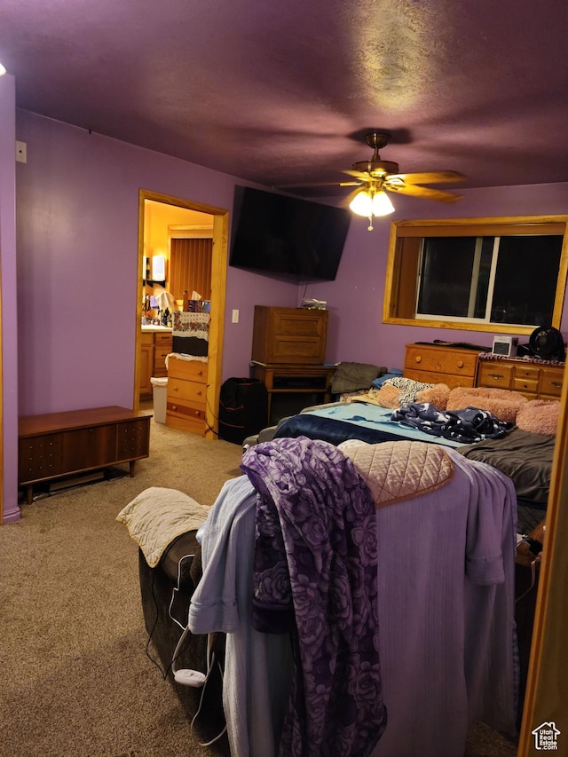 97 Main St, Ophir, UT 84071 - carpeted bedroom with ensuite bathroom and ceiling fan