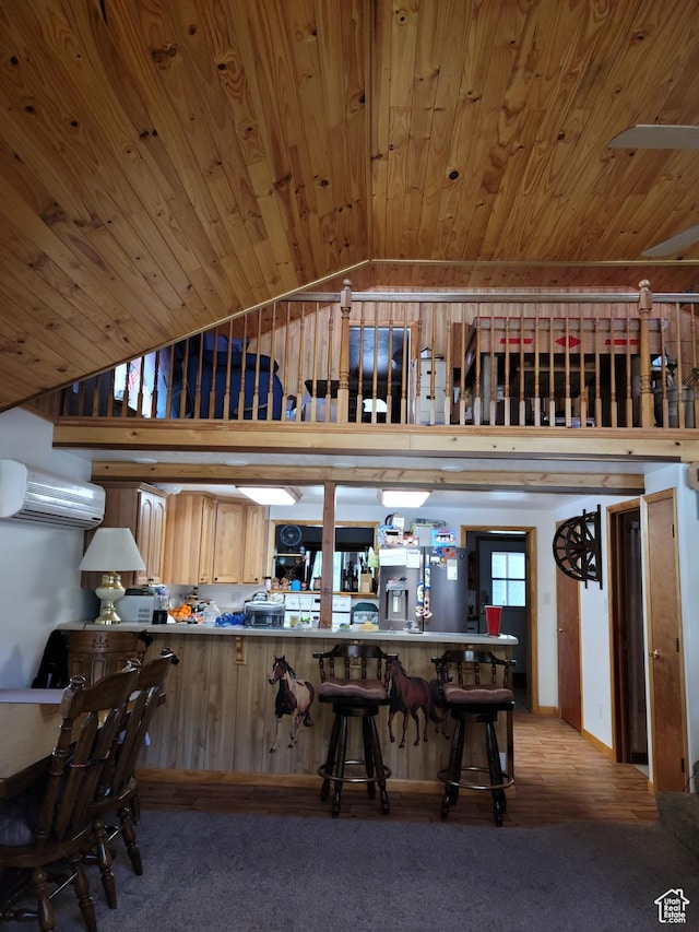97 Main St, Ophir, UT 84071 - kitchen with a wall mounted air conditioner, lofted ceiling, wood ceiling, stainless steel fridge with ice dispenser, and carpet floors