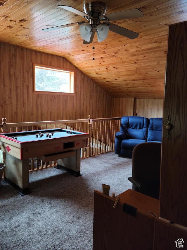 97 Main St, Ophir, UT 84071 - playroom with wooden ceiling, vaulted ceiling, ceiling fan, wood walls, and carpet floors