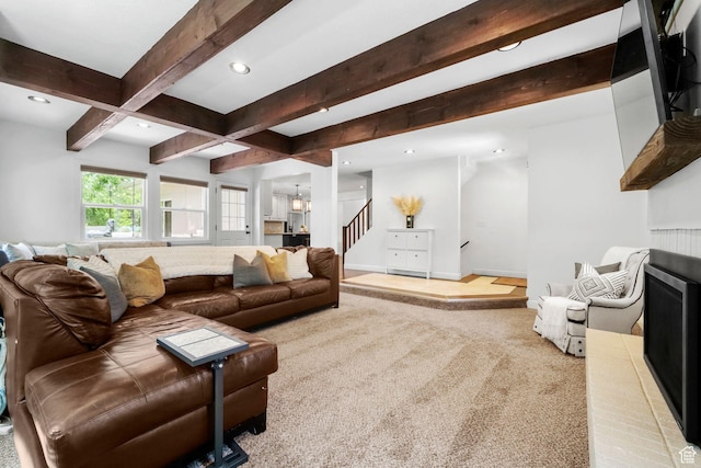 578 S 750 E, Bountiful, UT 84010 - carpeted living room with stairs, recessed lighting, and beamed ceiling