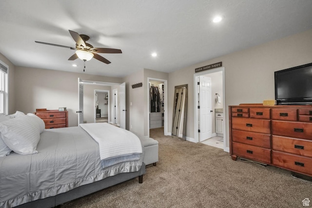 578 S 750 E, Bountiful, UT 84010 - carpeted bedroom featuring a walk in closet, recessed lighting, a closet, ensuite bathroom, and a ceiling fan