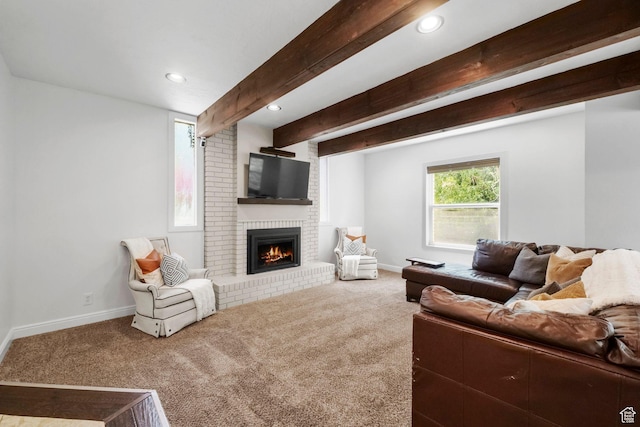 578 S 750 E, Bountiful, UT 84010 - living area featuring carpet, a brick fireplace, beamed ceiling, and recessed lighting
