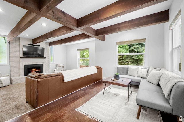 578 S 750 E, Bountiful, UT 84010 - living area with beamed ceiling, recessed lighting, a fireplace, and wood finished floors