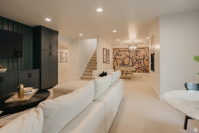 3488 E 1120 S Unit 115, Spanish Fork, UT 84660 - living area with recessed lighting, stairs, and light carpet