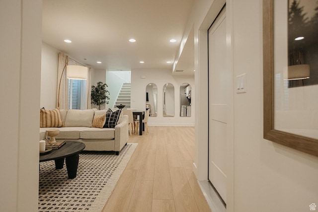 3488 E 1120 S Unit 115, Spanish Fork, UT 84660 - living room featuring stairway, recessed lighting, and light wood finished floors