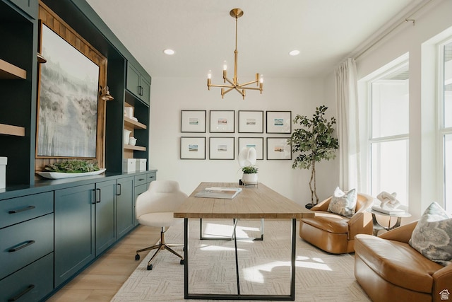 3488 E 1120 S Unit 115, Spanish Fork, UT 84660 - office area featuring a chandelier, light wood-style flooring, and recessed lighting