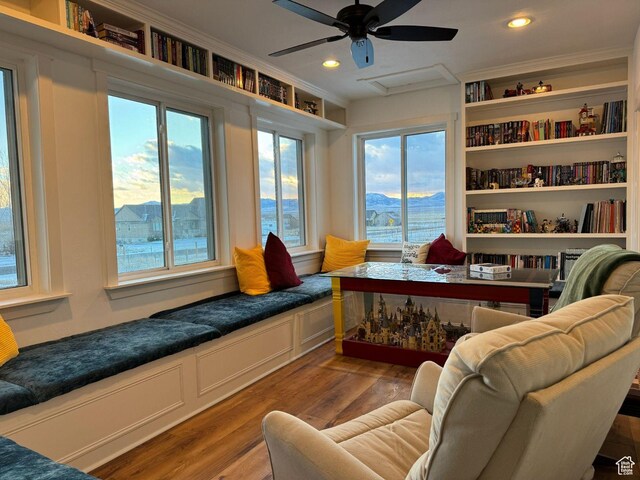 70 W 1790 N, Genola, UT 84655 - living area with light wood-style floors, crown molding, ceiling fan, attic access, and recessed lighting