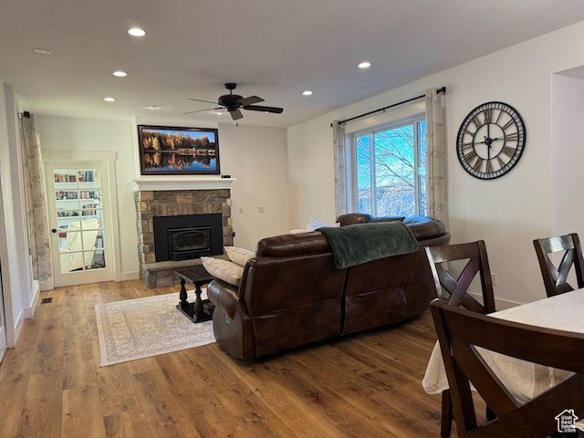70 W 1790 N, Genola, UT 84655 - living room with a ceiling fan, recessed lighting, a fireplace, and wood finished floors