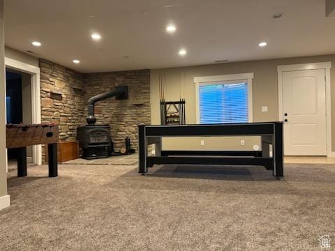 70 W 1790 N, Genola, UT 84655 - carpeted living room featuring a wood stove and recessed lighting