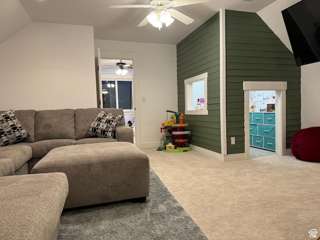 70 W 1790 N, Genola, UT 84655 - carpeted living room with ceiling fan, lofted ceiling, and wooden walls