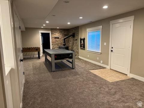 70 W 1790 N, Genola, UT 84655 - rec room with a wood stove, carpet flooring, and recessed lighting