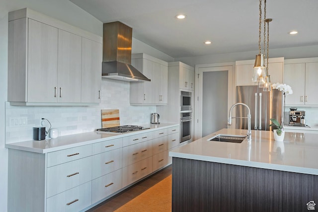 68 E Columbus Ct, Salt Lake City, UT 84103 - kitchen with wall chimney range hood, stainless steel appliances, light countertops, backsplash, and recessed lighting
