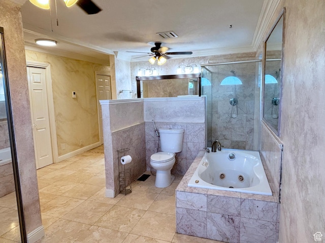 289 W Count Fleet Rd, St George, UT 84790 - bathroom featuring a ceiling fan, a whirlpool tub, ornamental molding, tiled shower, and tile patterned floors
