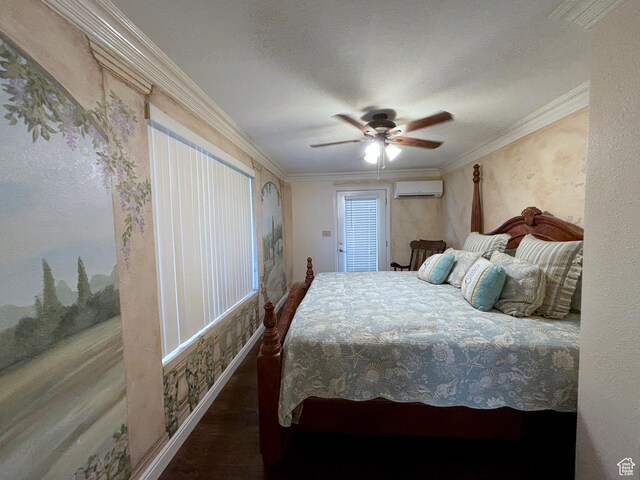 289 W Count Fleet Rd, St George, UT 84790 - bedroom featuring a wall mounted AC, crown molding, a ceiling fan, and wood finished floors