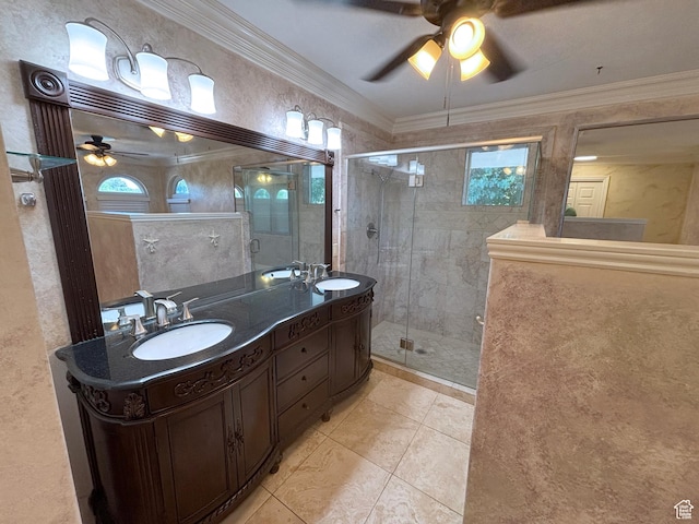289 W Count Fleet Rd, St George, UT 84790 - bathroom with a ceiling fan, double vanity, a shower stall, tile patterned flooring, and ornamental molding