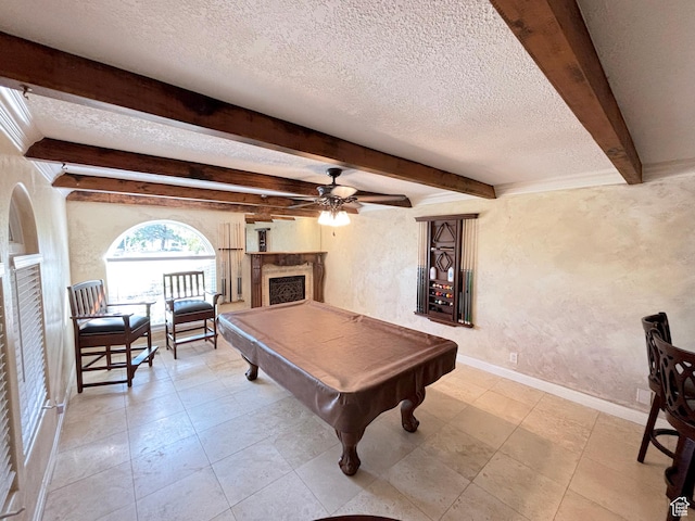 289 W Count Fleet Rd, St George, UT 84790 - playroom featuring a textured wall, a textured ceiling, ceiling fan, billiards, and beam ceiling
