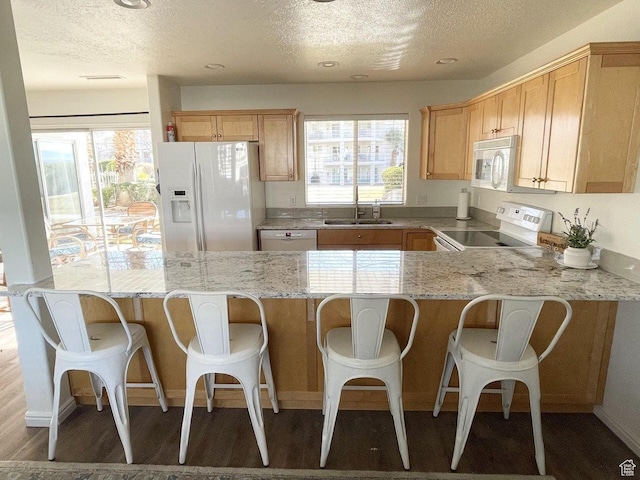 1845 Canyon Dr W Unit 1206, St George, UT 84770 - kitchen featuring white appliances, a textured ceiling, a peninsula, light stone countertops, and wood finished floors