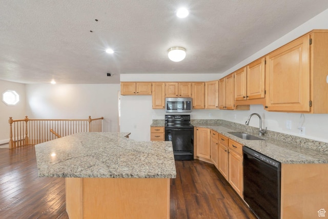335 W 1410 S, Orem, UT 84058 - kitchen with black dishwasher, stainless steel microwave, range, light brown cabinets, and a center island