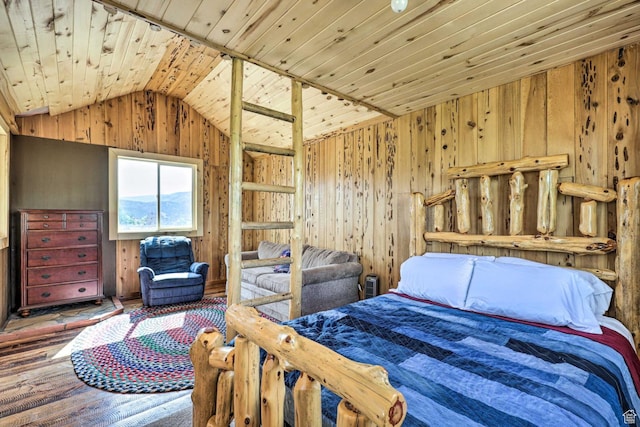 3572 Wild Mare Way, Heber City, UT 84032 - bedroom featuring vaulted ceiling, wood walls, wood ceiling, and hardwood / wood-style floors