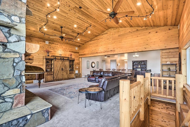 3572 Wild Mare Way, Heber City, UT 84032 - carpeted living room with ceiling fan, wooden ceiling, rail lighting, high vaulted ceiling, and a barn door