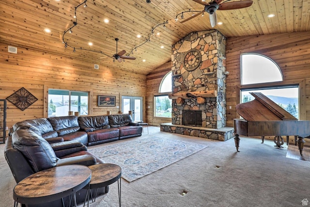 3572 Wild Mare Way, Heber City, UT 84032 - carpeted living area with a ceiling fan, wood walls, high vaulted ceiling, wooden ceiling, and recessed lighting