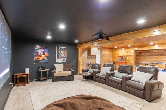 3572 Wild Mare Way, Heber City, UT 84032 - home theater featuring carpet floors, recessed lighting, and wood walls