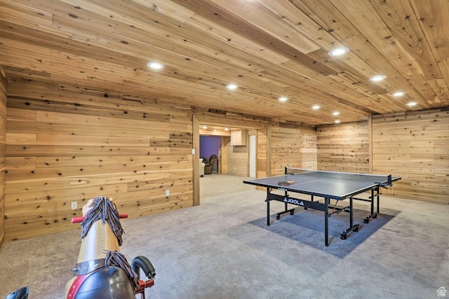 3572 Wild Mare Way, Heber City, UT 84032 - playroom with carpet floors, wood walls, recessed lighting, and wooden ceiling