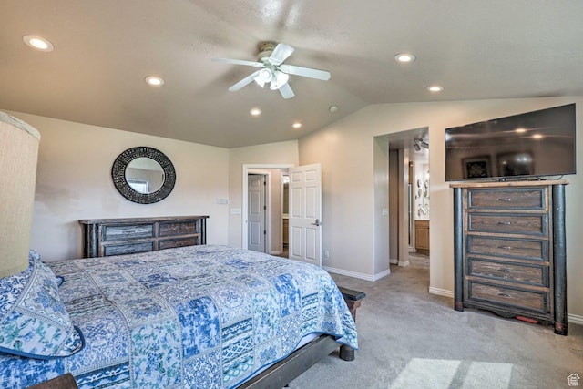 3572 Wild Mare Way, Heber City, UT 84032 - bedroom with light carpet, recessed lighting, vaulted ceiling, and ceiling fan