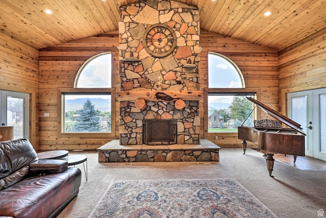 3572 Wild Mare Way, Heber City, UT 84032 - carpeted living area featuring plenty of natural light, high vaulted ceiling, wood walls, french doors, and wooden ceiling